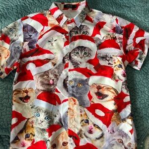Festive Cat Print Shirt - Red and White